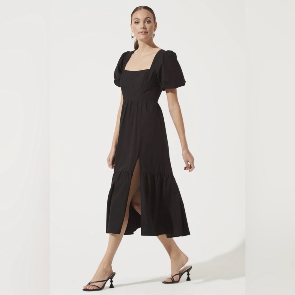 ASTR the label Square neck poplin tiered puff sleeve midi dress black XL - Picture 4 of 8